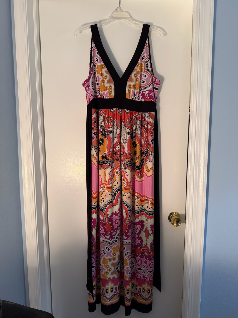 ECI Pink Multi-Print V-Neck Maxi Dress with Black Trim